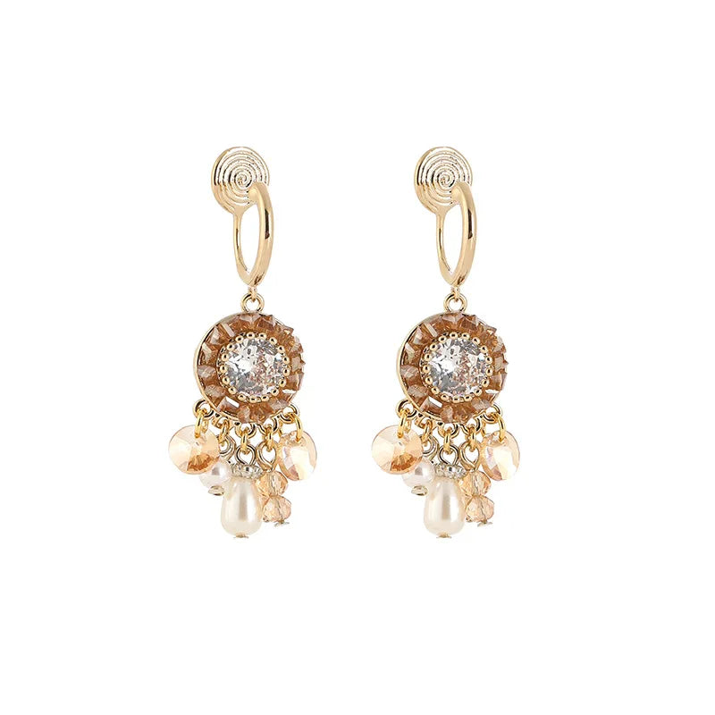 Vintage Spiral Disc Crystal Pearl Tassel Stud & Clip On No Piercing Luxury Alloy Drop Earrings