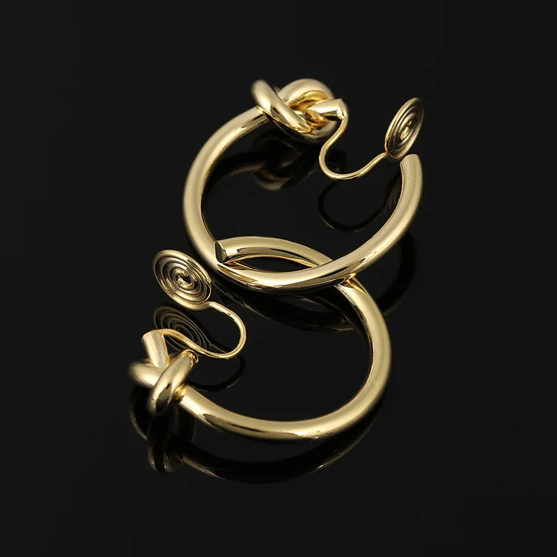 Elegant Gold Alloy Knot Hoop Spiral Disc Stud & Clip On No Piercing Minimalist Round Circle Earrings