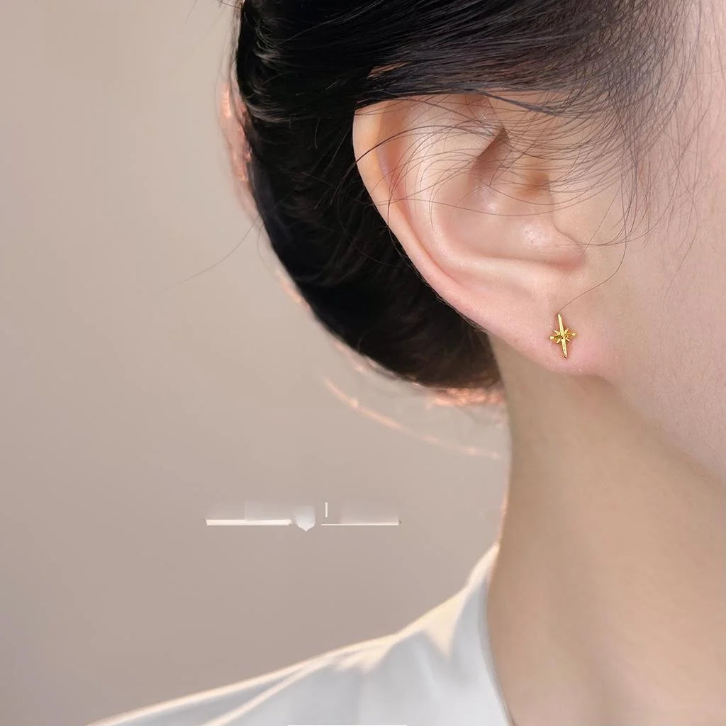 Minimalist Modern Eco-Friendly Copper Mini Eight-Point Star Asymmetric Stud Earrings With Silver Plated Posts