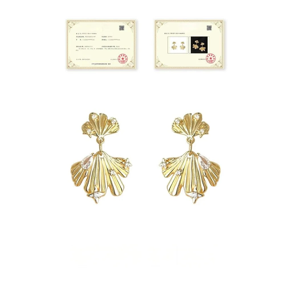14K Silver Plated Copper Ginkgo Leaf Drop Earrings With Micro Pave Zircon Vintage Floral Jewelry