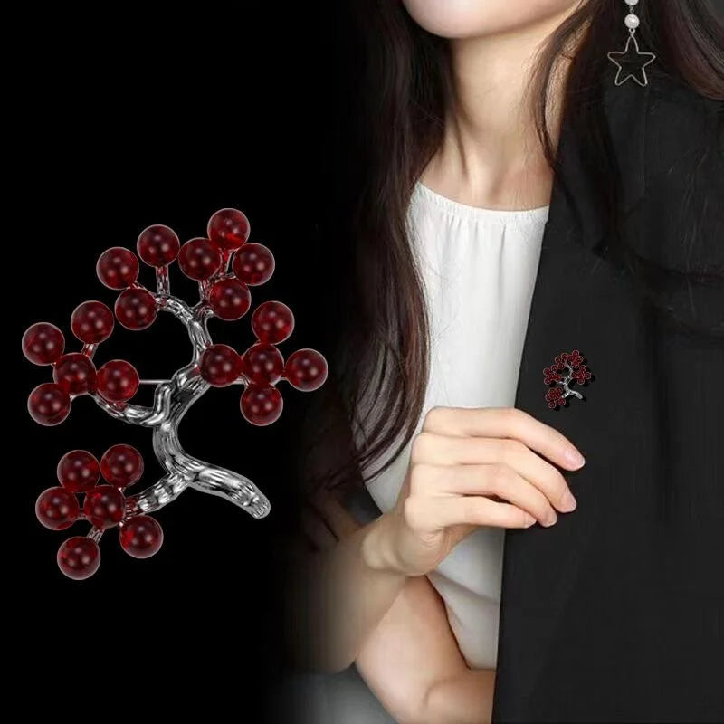 Elegant Blue Glass Holly Berry Tree Brooch With Silver Alloy Branch, Women's Lapel Pin Corsage Gift