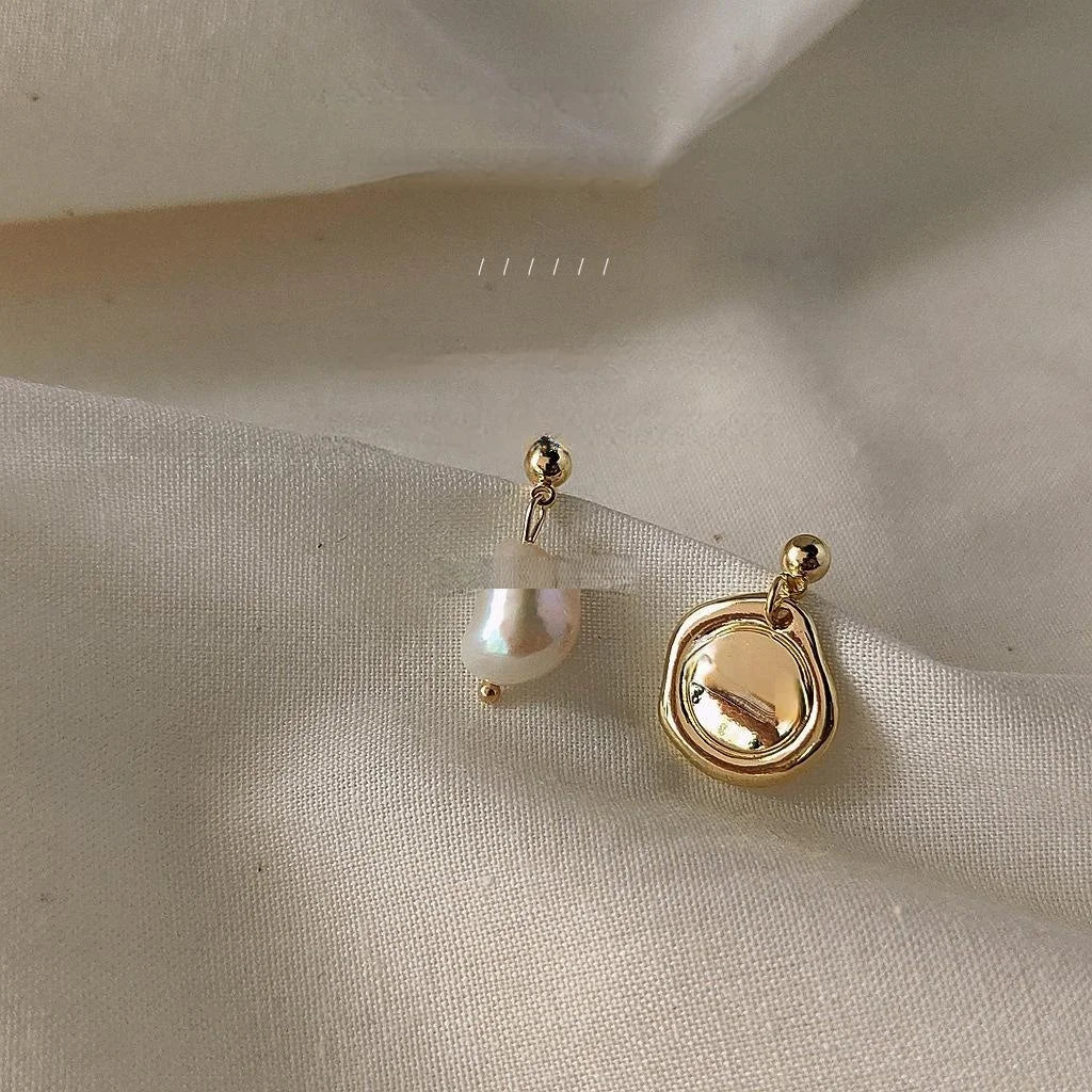 Baroque Freshwater Pearl Drop Earrings Handmade Asymmetric Silver Plated Copper Geometric Jewelry