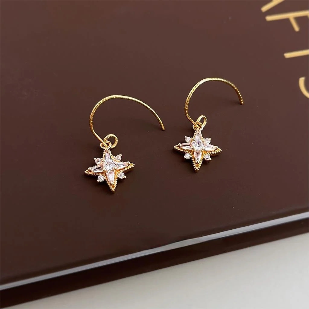 Micro Pave Zircon Star Copper Drop Earrings Light Luxury Minimalist Commuter Jewelry