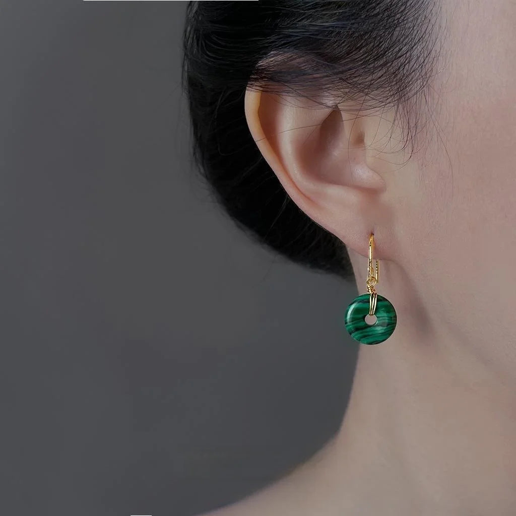 Vintage Ethnic Geometric Peace Buckle Synthetic Malachite Copper Drop Earrings