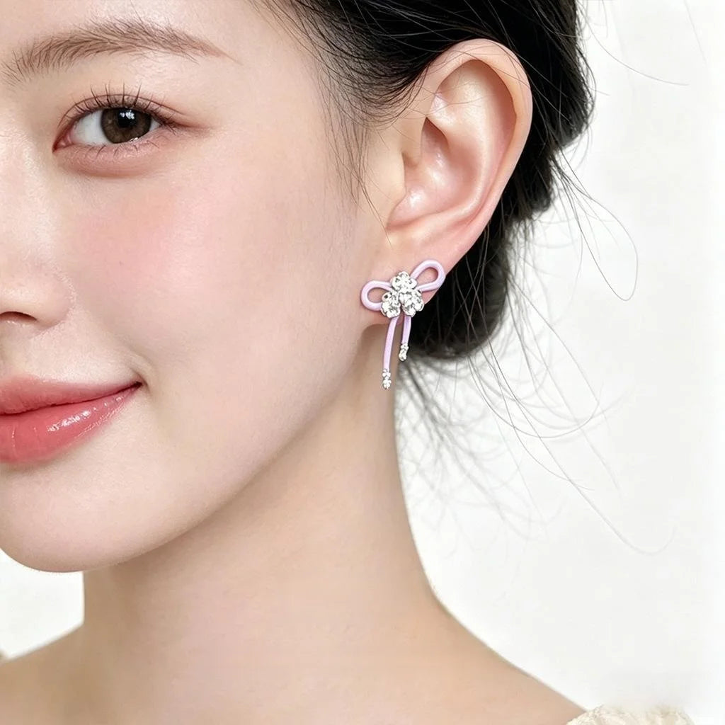 Eco-Friendly Copper Enamel Glazed Light Purple Bow Drop Earrings Sweet Fashion Jewelry