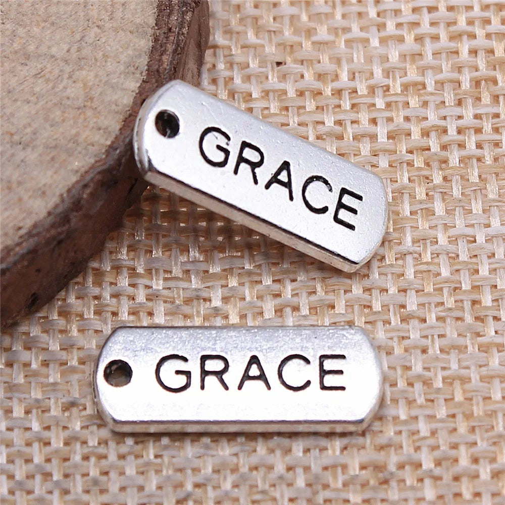 21x8mm 1.8g Antique Silver Zinc Alloy Grace Word Tag Letter Charm Pendant for DIY Bracelet Necklace