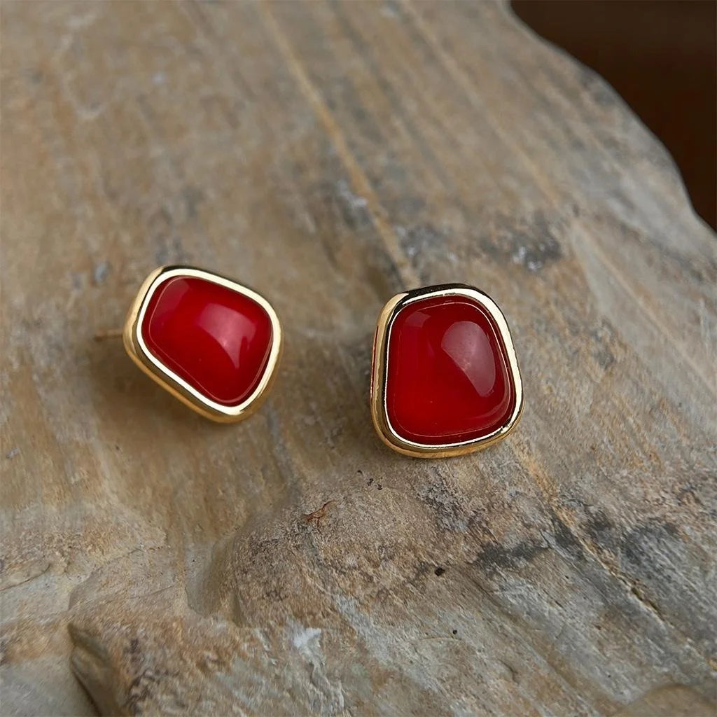14K Gold Plated Copper Burgundy Geometric Stud Earrings French Vintage Jewelry