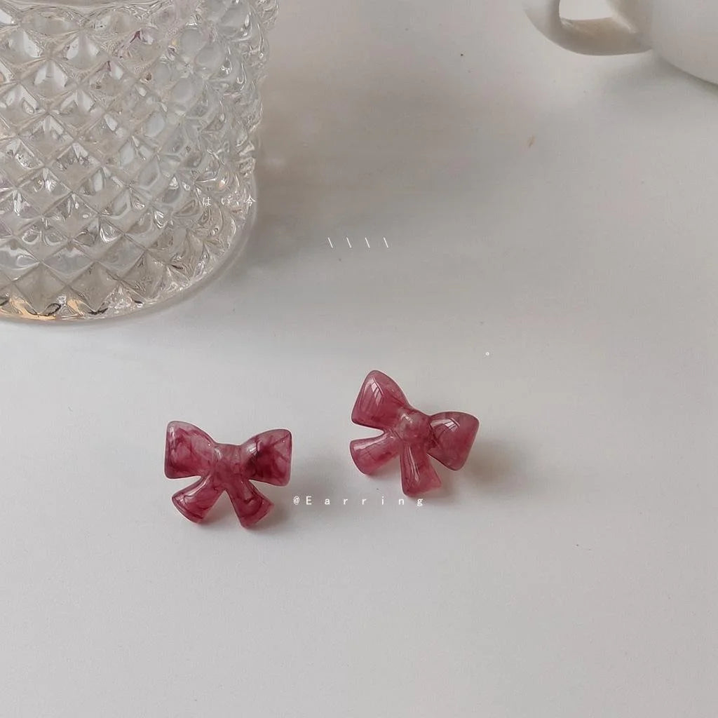 Fresh Sweet Resin Bow Stud Earrings With Silver Plated Pins Korean Japanese Cute Jewelry