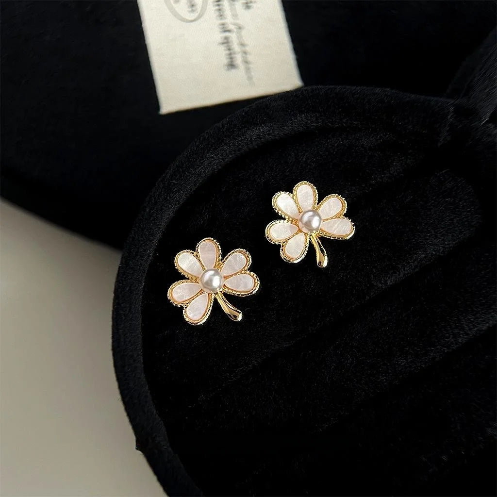 14K Gold Plated Copper Three Petal Flower Pearl Stud Earrings Sweet Elegant Minimalist Jewelry