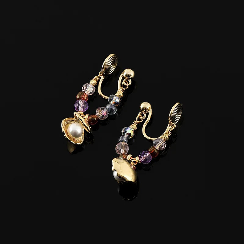 Elegant Colorful Crystal Beaded Hoop With Shell Pearl Pendant Stud & Clip On No Piercing Earrings