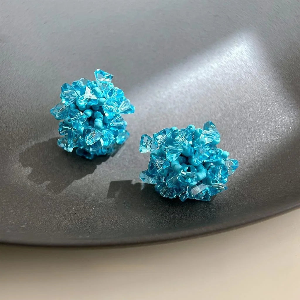 Handmade Sweet Blue Hydrangea Flower Seed Bead Glass Crystal Stud Earrings