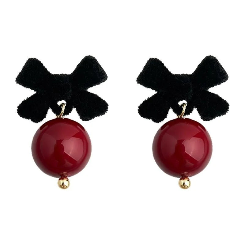 Chinese Style Flocked Bow Glass Ball Drop Earrings Vintage Elegant Jewelry