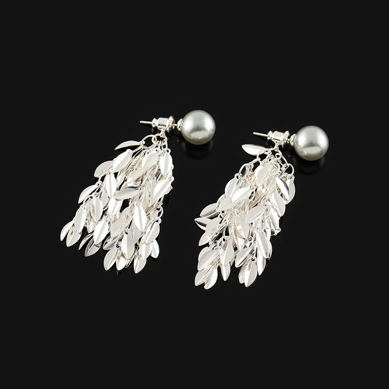 Elegant Silver Alloy Wheat Leaf Tassel Gray Pearl Stud & Clip On No Piercing Face Slimming Earrings