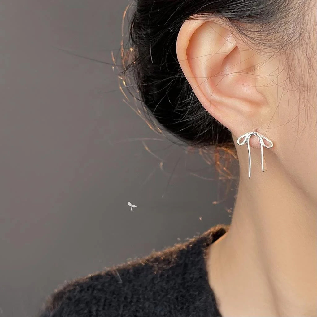 Sweet Bow Ribbon Stud Earrings Silver Tone Copper Minimalist Fashion Jewelry