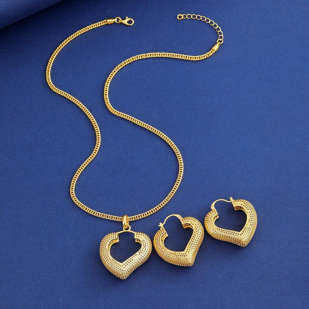 Luxury Gold Plated Alloy Heart Hoop Earrings And Pendant Necklace Jewelry Set For Dubai Bridal Wedding Party Gift