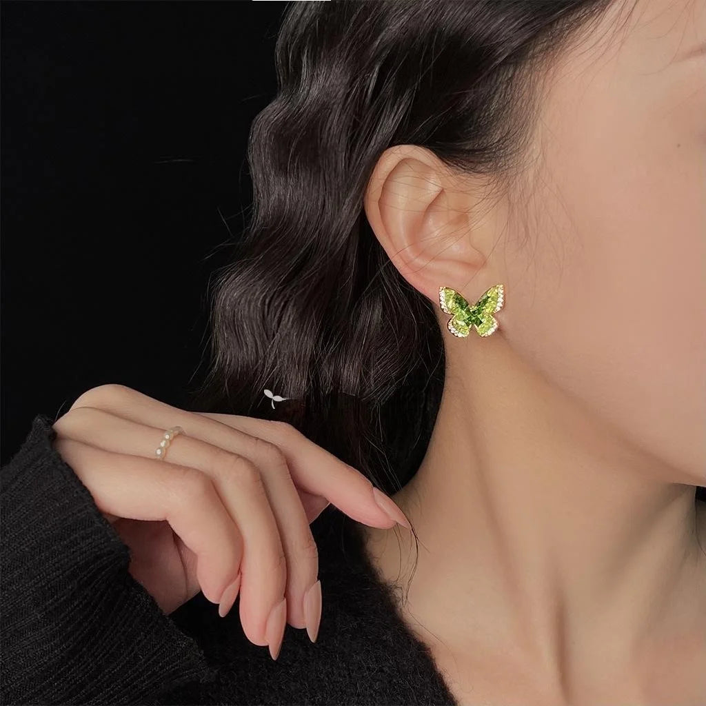Pastoral Butterfly Micro Pave Zircon Glass Crystal 14K Plated Copper Stud Earrings