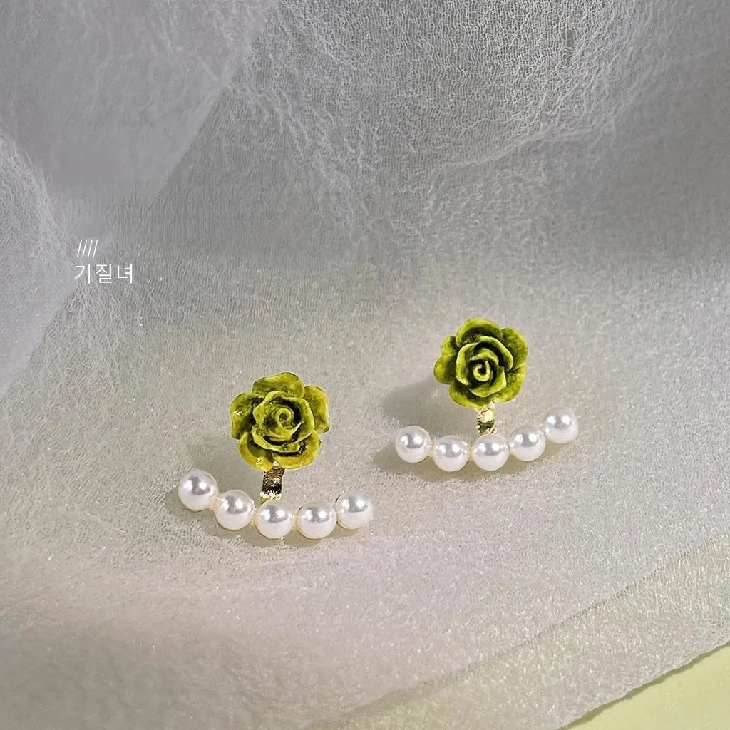 14K Gold Plated Copper Pearl Flower Stud Earrings Two Way Fresh Style