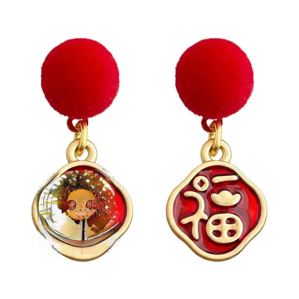 New Year Guochao Flocked Enamel Geometric Pom Pom Drop Earrings