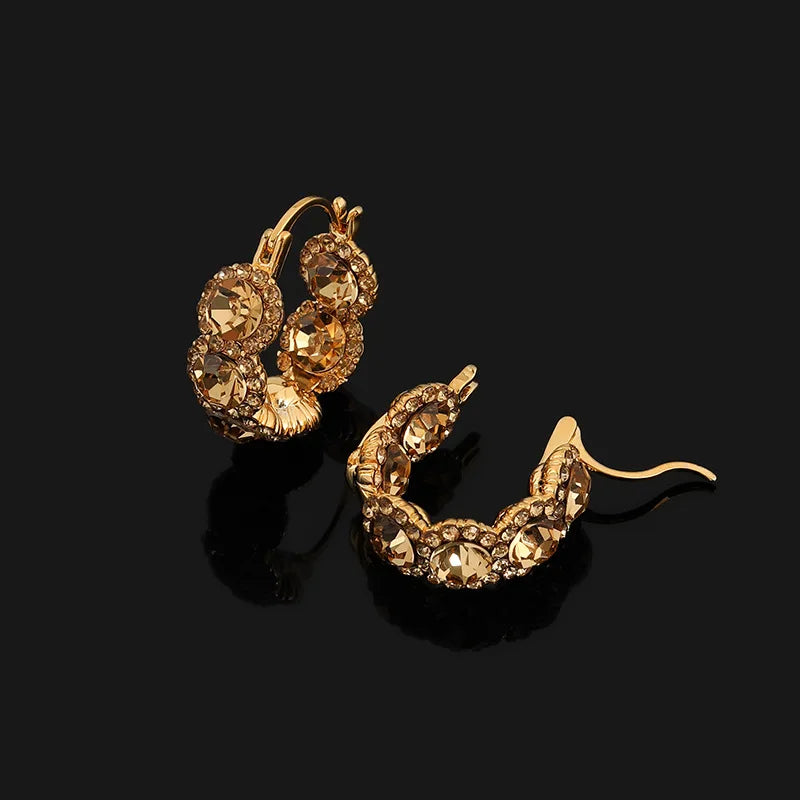 Luxury Coffee Crystal Rhinestone Cluster Hoop Stud & Clip On No Piercing Ear Cuff Earrings