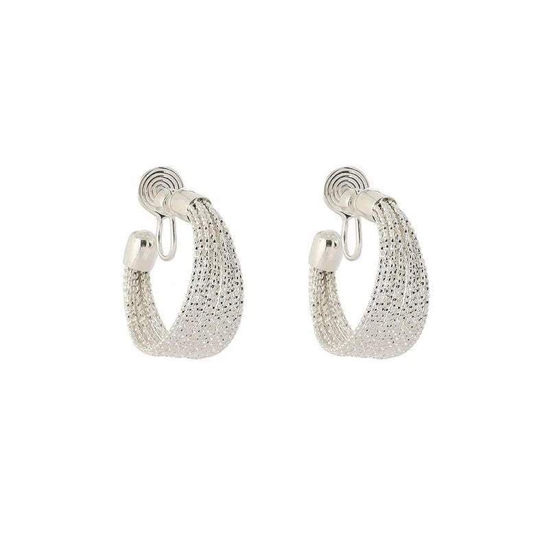 Elegant Silver Alloy Multi Layer Hoop Spiral Rhinestone Stud & Clip On No Piercing Earrings