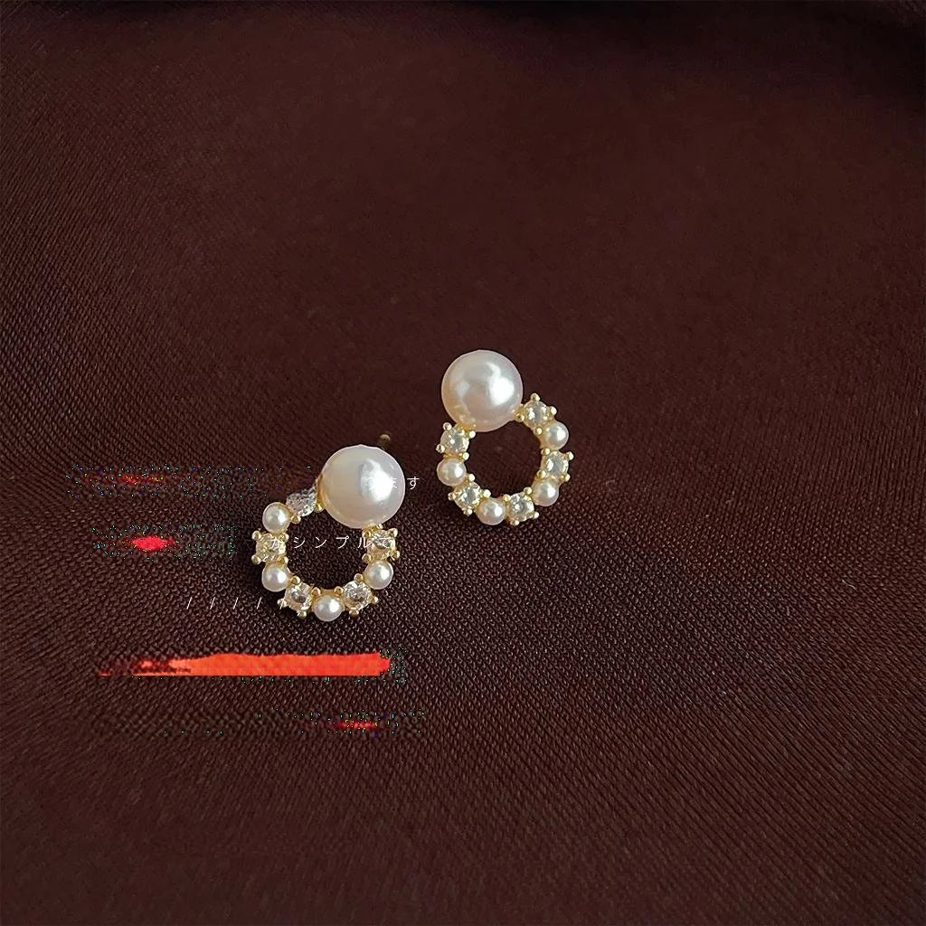 14K Gold Plated Copper Zircon Pearl Geometric Round Mini Stud Earrings For Women
