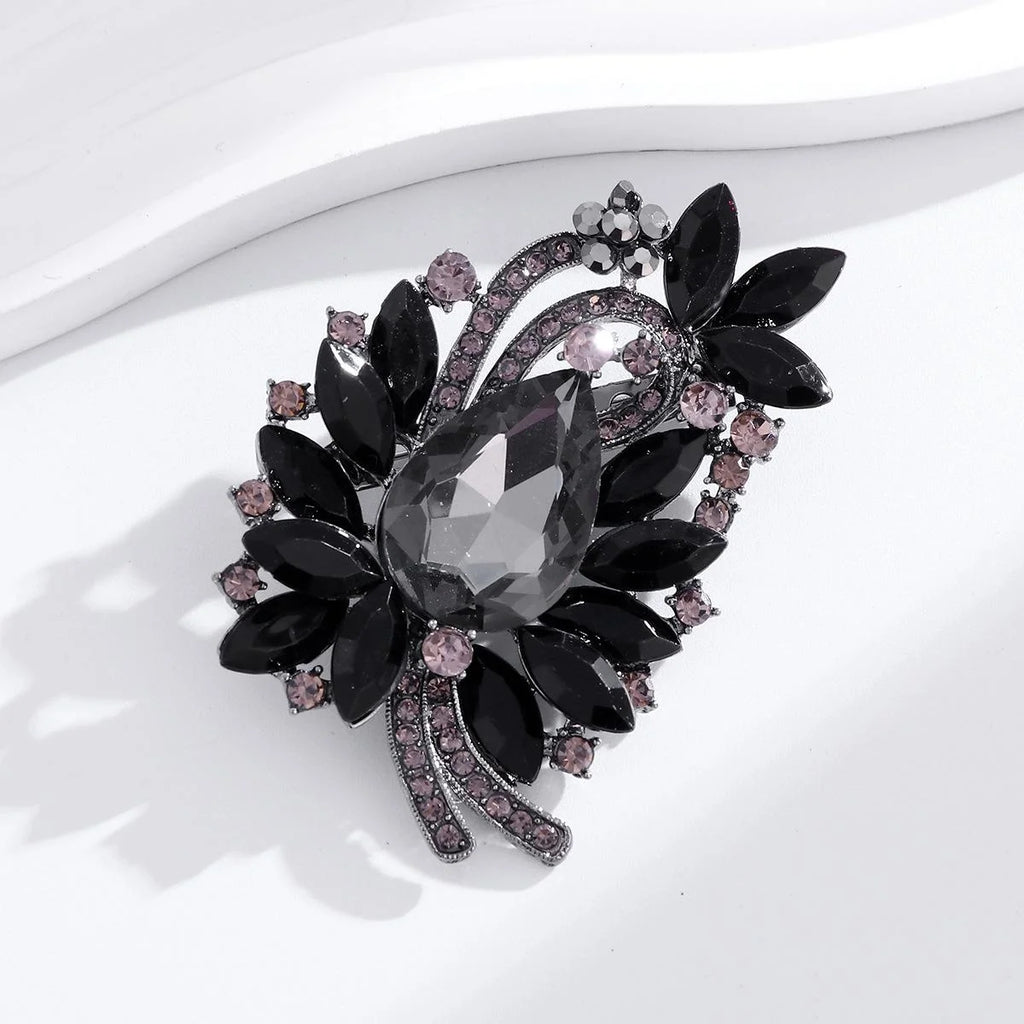 Elegant Black Leaf Flower Crystal Rhinestone Brooch With Teardrop Glass Stone For Lapel Pin Gift