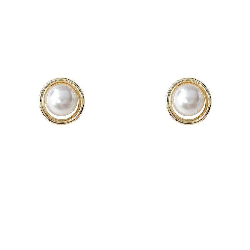 French Round Geometric Pearl Stud Earrings Eco-Friendly Copper Korean Minimalist Jewelry