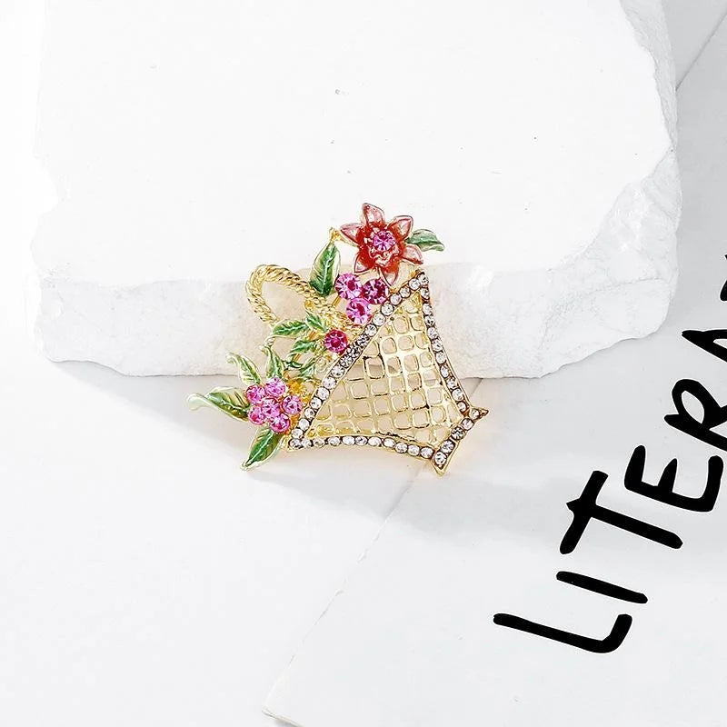 Elegant Hollow Flower Basket Brooch With Enamel Leaves And Rhinestones, Women's Lapel Pin Gift