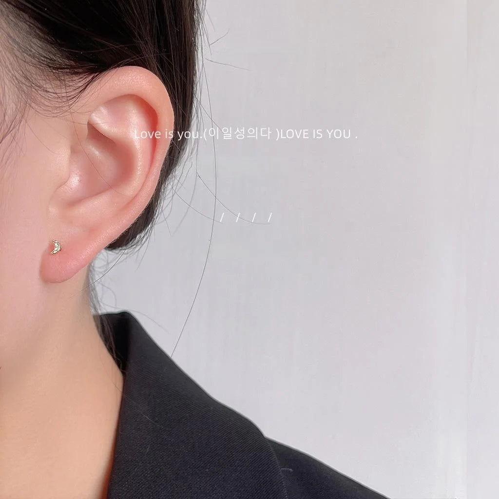 Minimalist Copper Crescent Moon Stud Earrings With Micro Pave Zircon, Versatile Geometric Jewelry