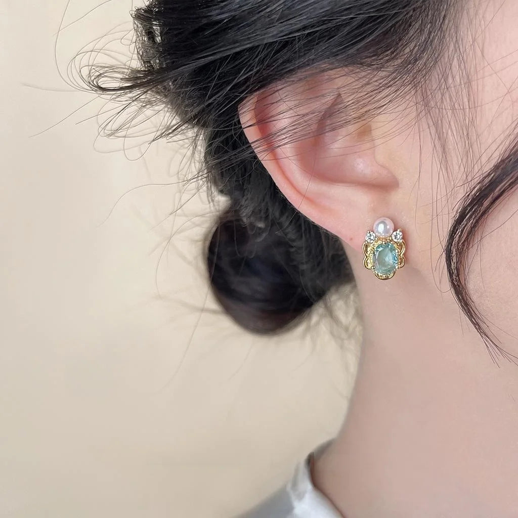 14K Gold Plated Copper Aquamarine Pearl Zircon Irregular French Vintage Stud Earrings