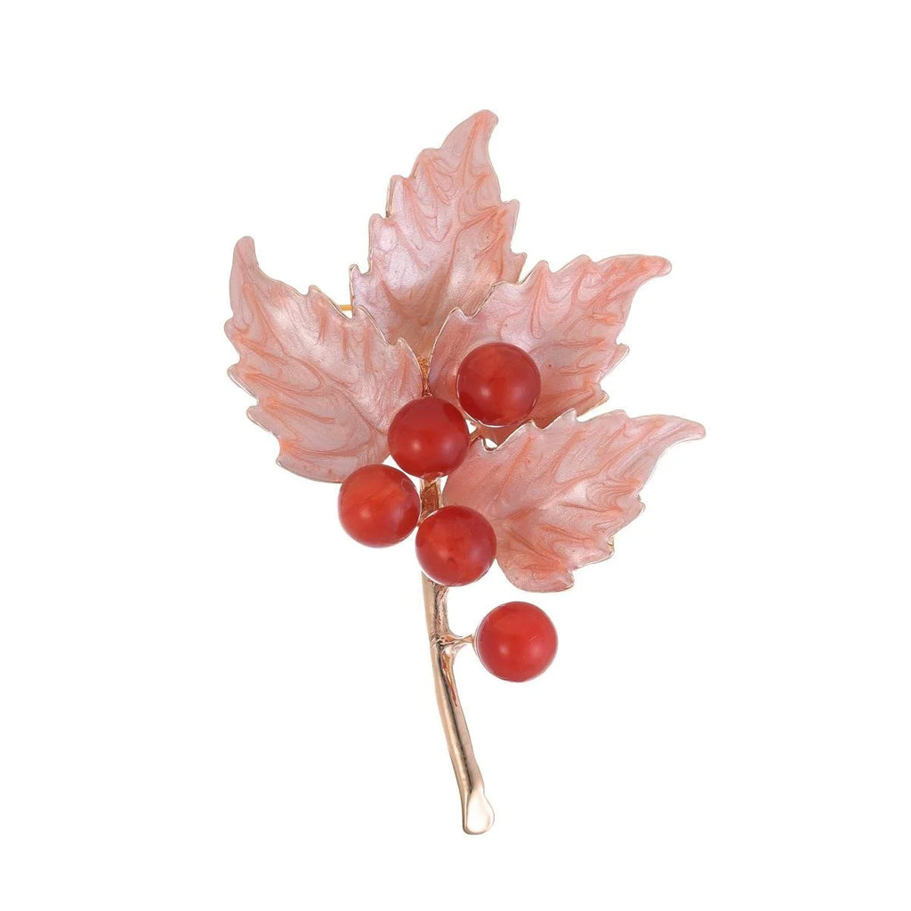 Vintage Alloy Maple Leaf Brooch With Red Berries, Elegant Autumn Leaf Lapel Pin Suit Accessory Gift