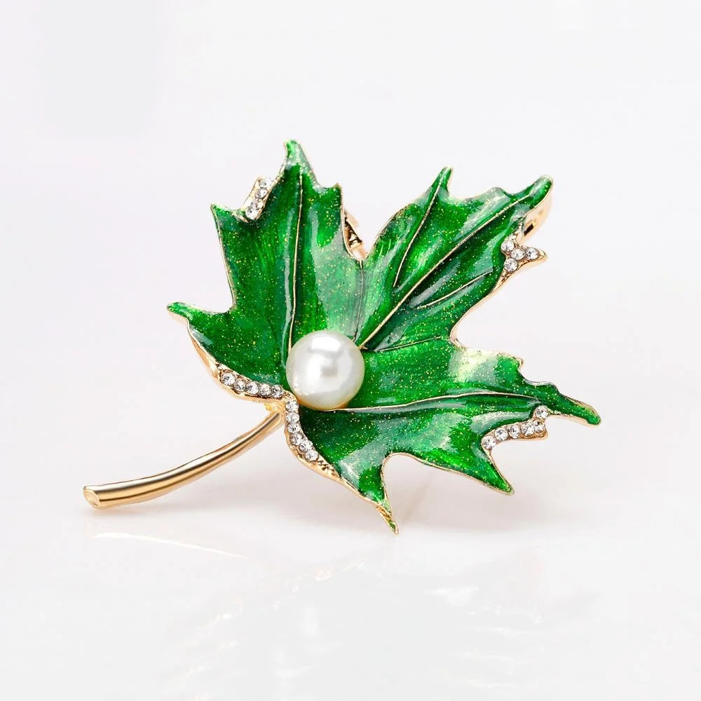 Elegant Orange Enamel Maple Leaf Brooch With Rhinestones And Pearl, Alloy Lapel Pin Corsage Suit Accessory