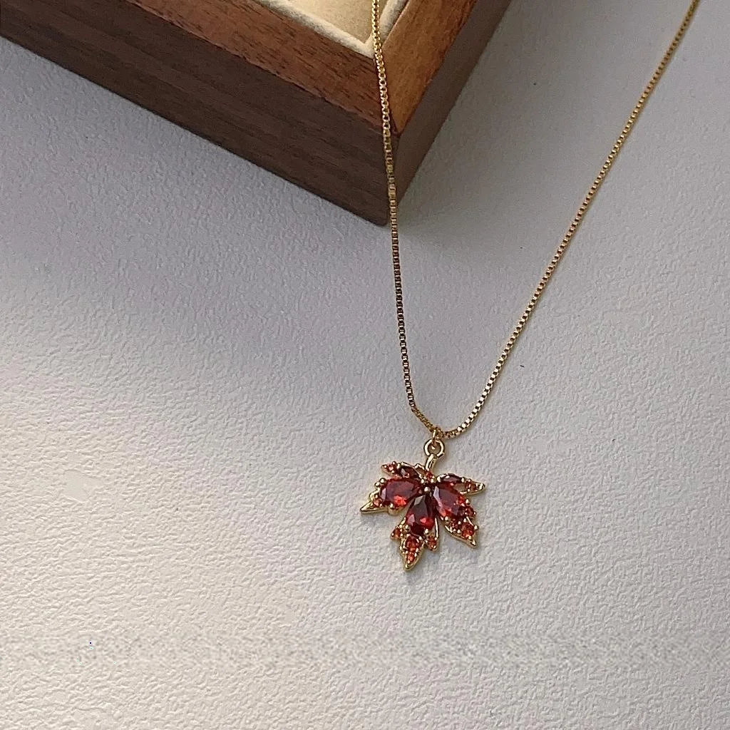 14K Gold Plated Copper Micro Pave Zircon Maple Leaf Pendant Necklace For Women