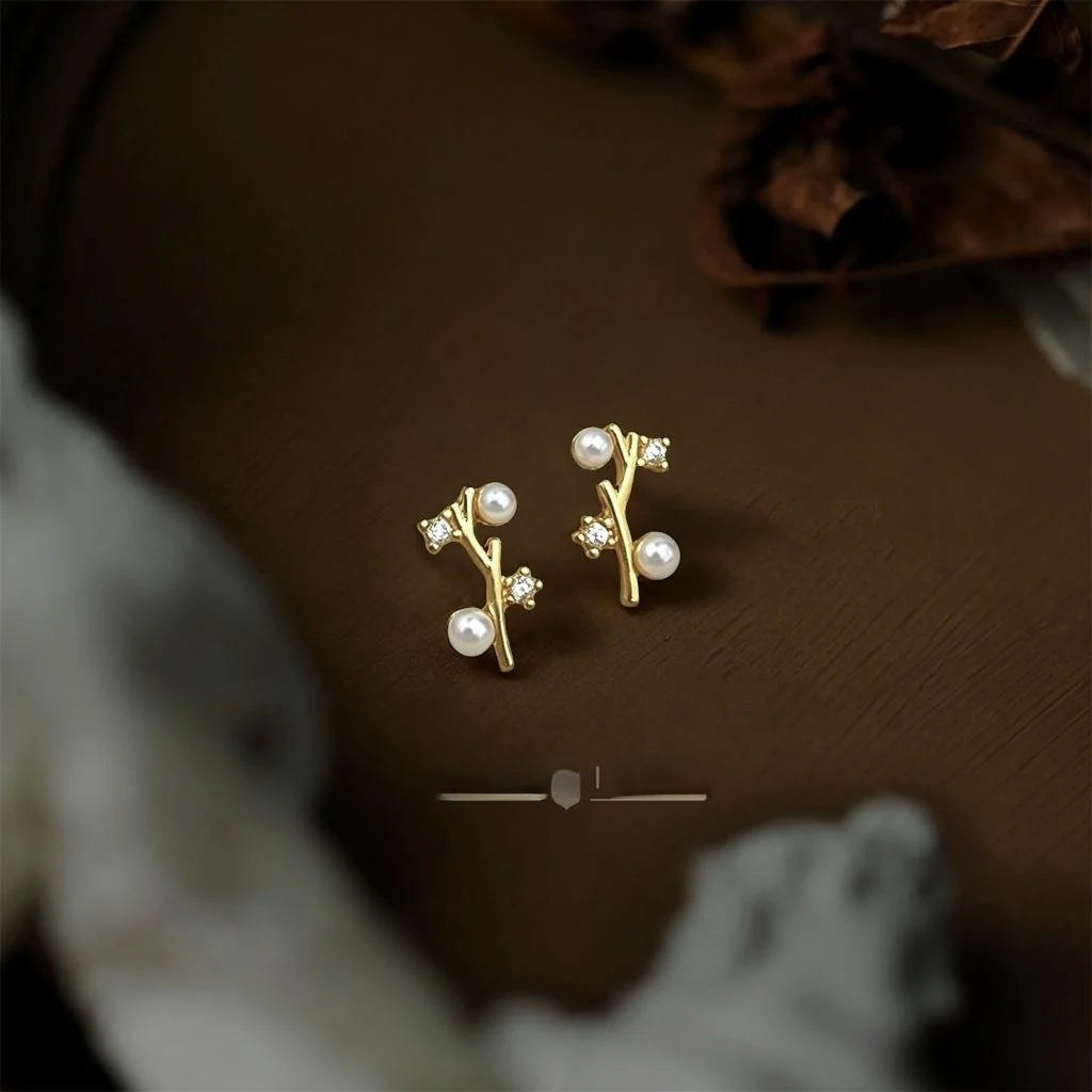 14K Plated Eco Copper Geometric Branch Line Zircon Stud Earrings For Women