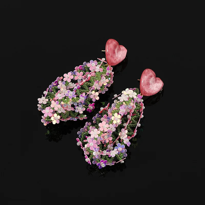 Pink Purple Sequin Flower Alloy Long Tassel Stud & Clip On No Piercing Elegant Heart Drop Earrings