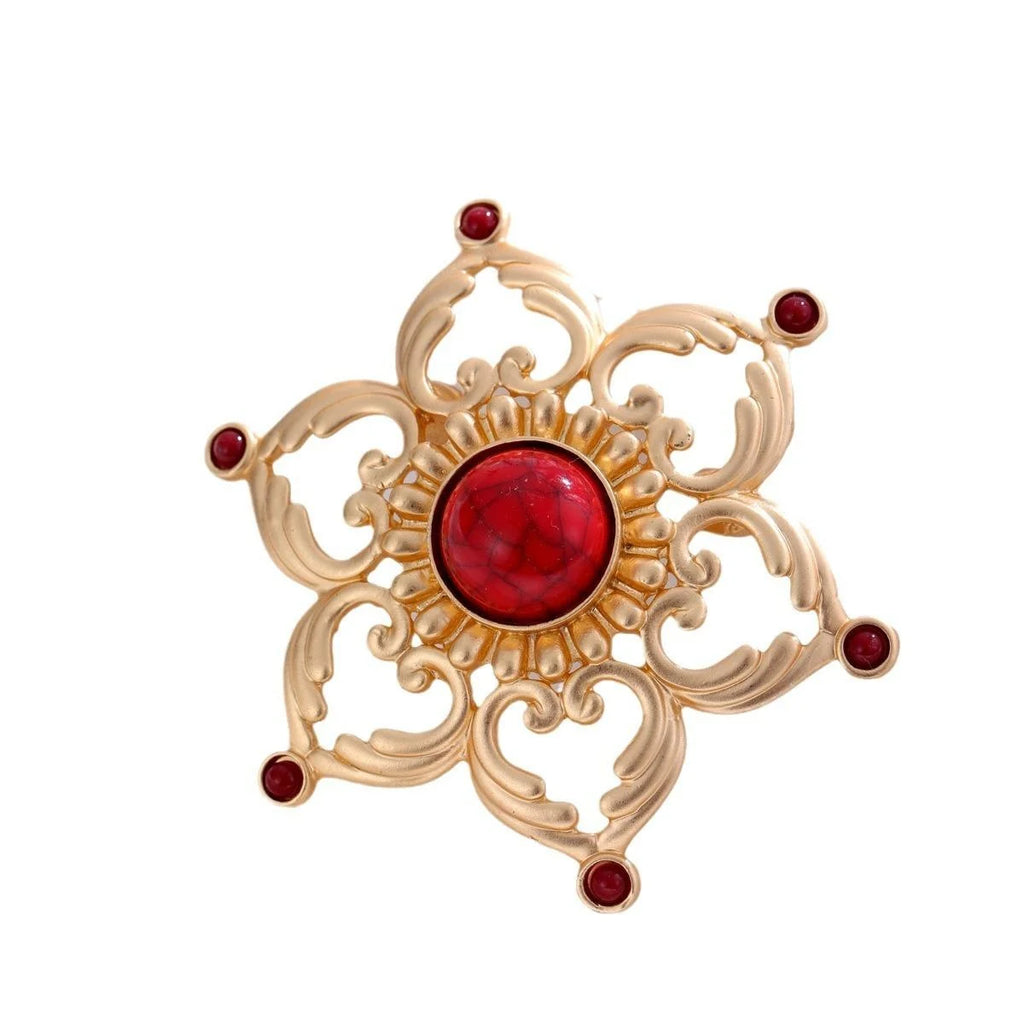Vintage Hollow Heart Lotus Copper Brooch With Red Rhinestone, Matte Gold Floral Lapel Pin Suit Accessory