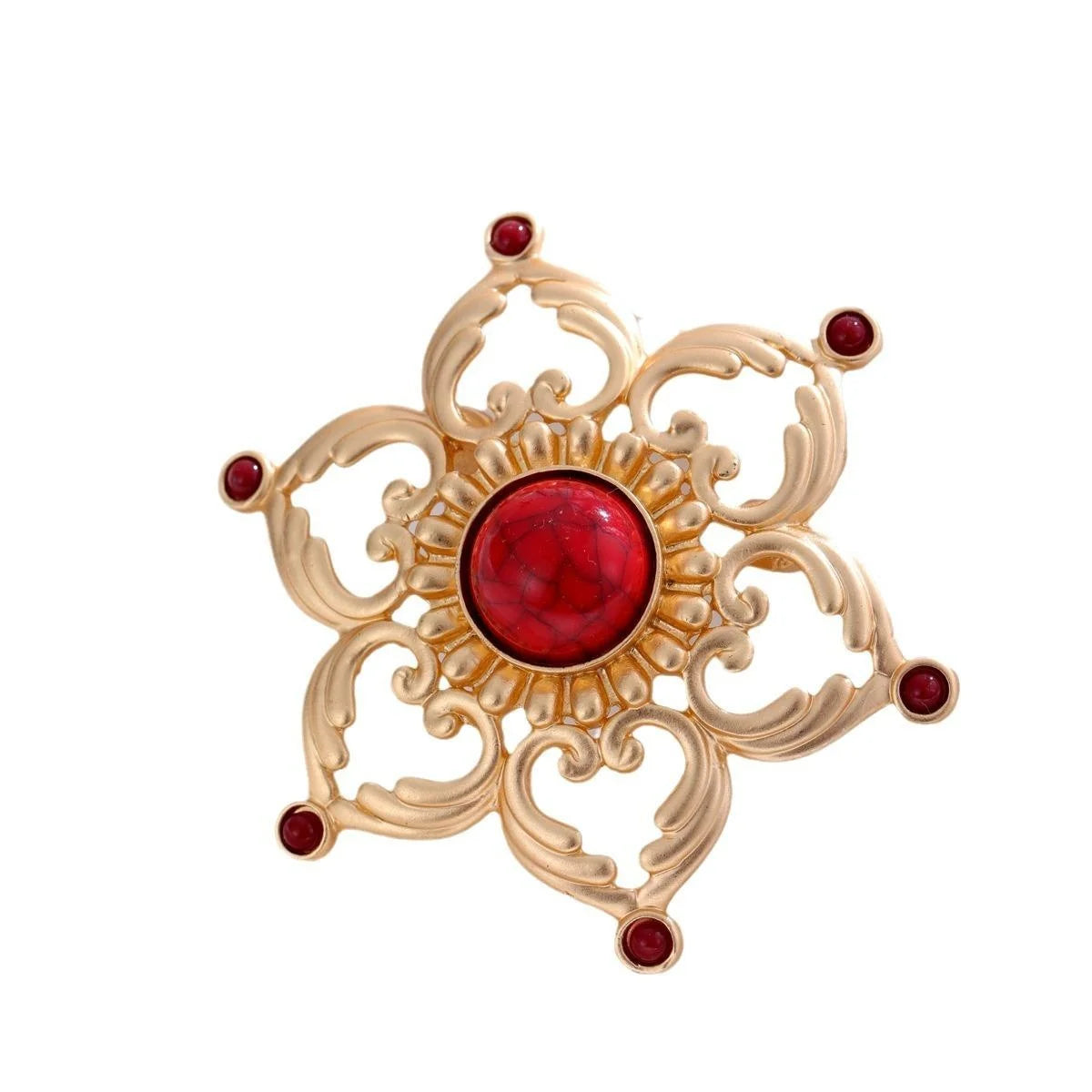 Vintage Hollow Heart Lotus Copper Brooch With Red Rhinestone, Matte Gold Floral Lapel Pin Suit Accessory