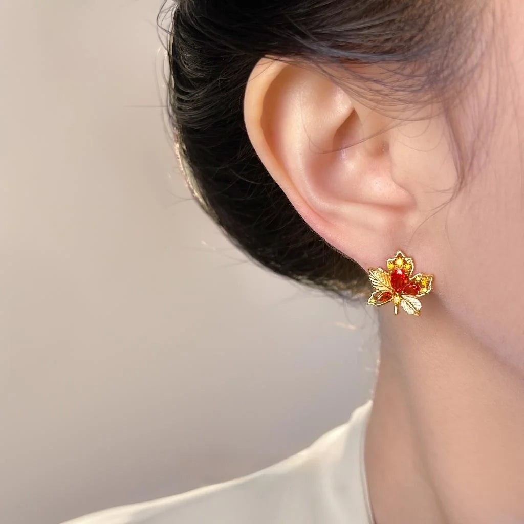 Maple Leaf Cubic Zirconia Inlaid Copper Stud Earrings Light Luxury Style
