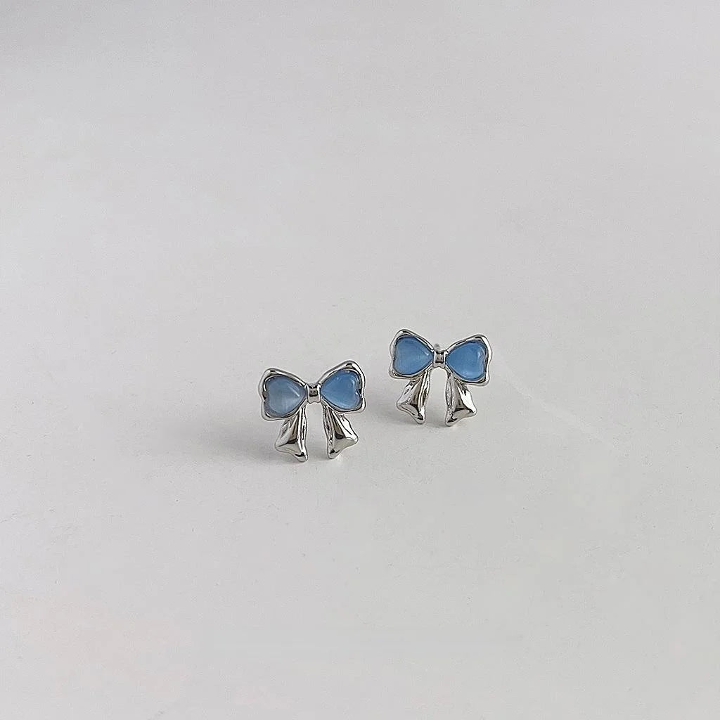 Mini Blue Glass Cat Eye Bow Stud Earrings, Silver Plated Cute Fresh Style