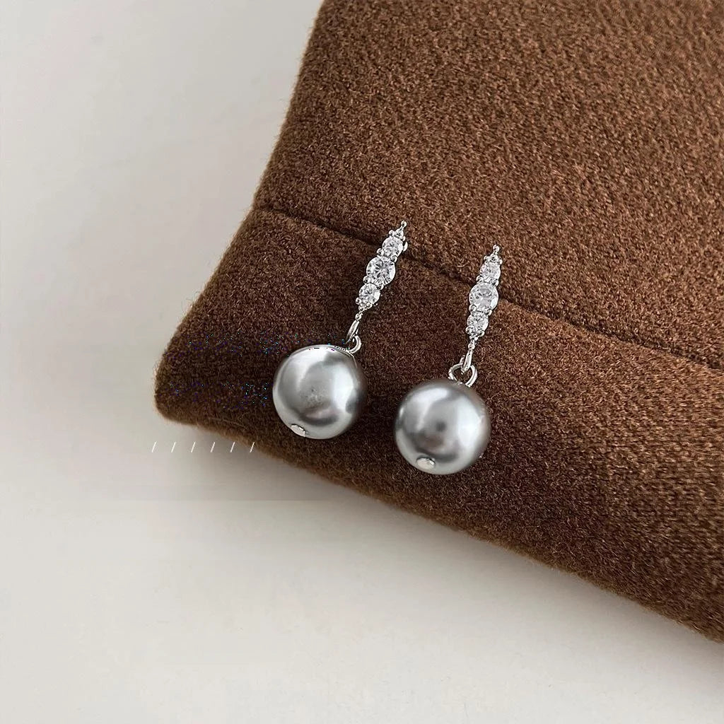 Vintage Geometric Gray Glass Pearl Drop Earrings With Micro Pave Zircon Copper Setting