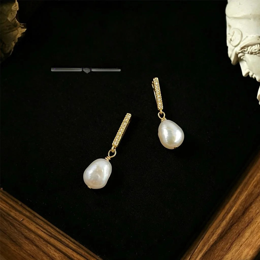 Baroque Irregular Freshwater Pearl Micro Pave Zircon Copper Stud Earrings Silver Plated Handmade Jewelry