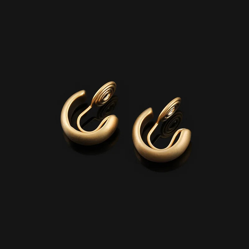 Elegant Matte Gold Alloy Spiral Hoop Stud & Clip On No Piercing Minimalist Small Round Commuter Earrings