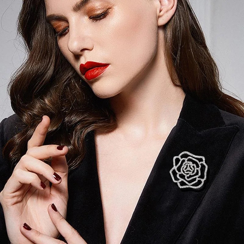 Elegant Rose Flower Brooch With Rhinestone Alloy Outline, Luxury Camellia Lapel Pin Corsage Suit Accessory