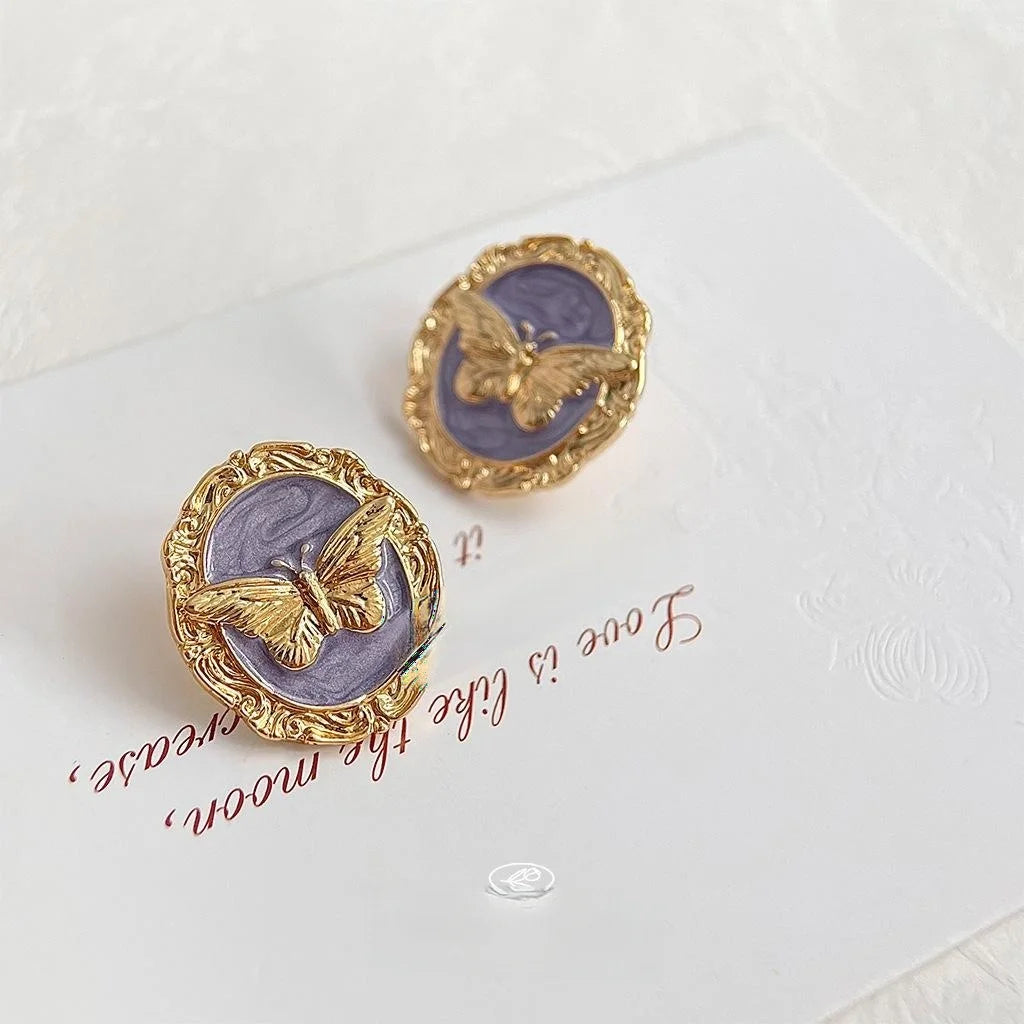 French Vintage Copper Butterfly Geometric Stud Earrings With Oil Painting Enamel Finish