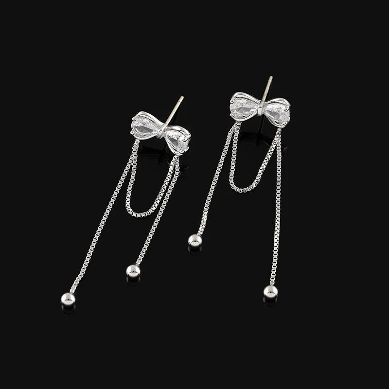 Elegant Silver Alloy Zircon Bowknot Long Chain Tassel Stud & Clip On No Piercing Women's Earrings