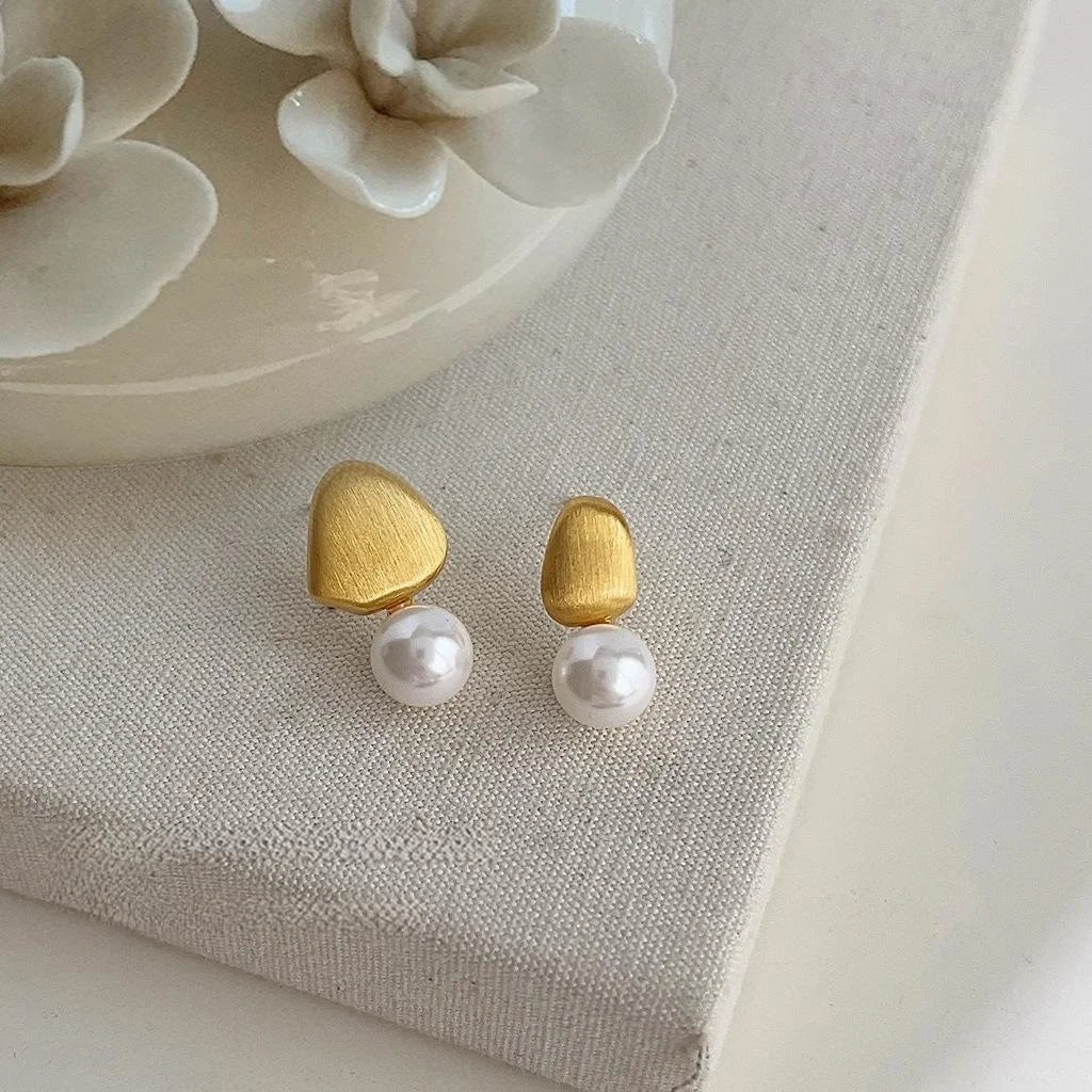 Asymmetric Glass Pearl Brushed Bean Stud Earrings Copper Minimalist Irregular Geometric Jewelry