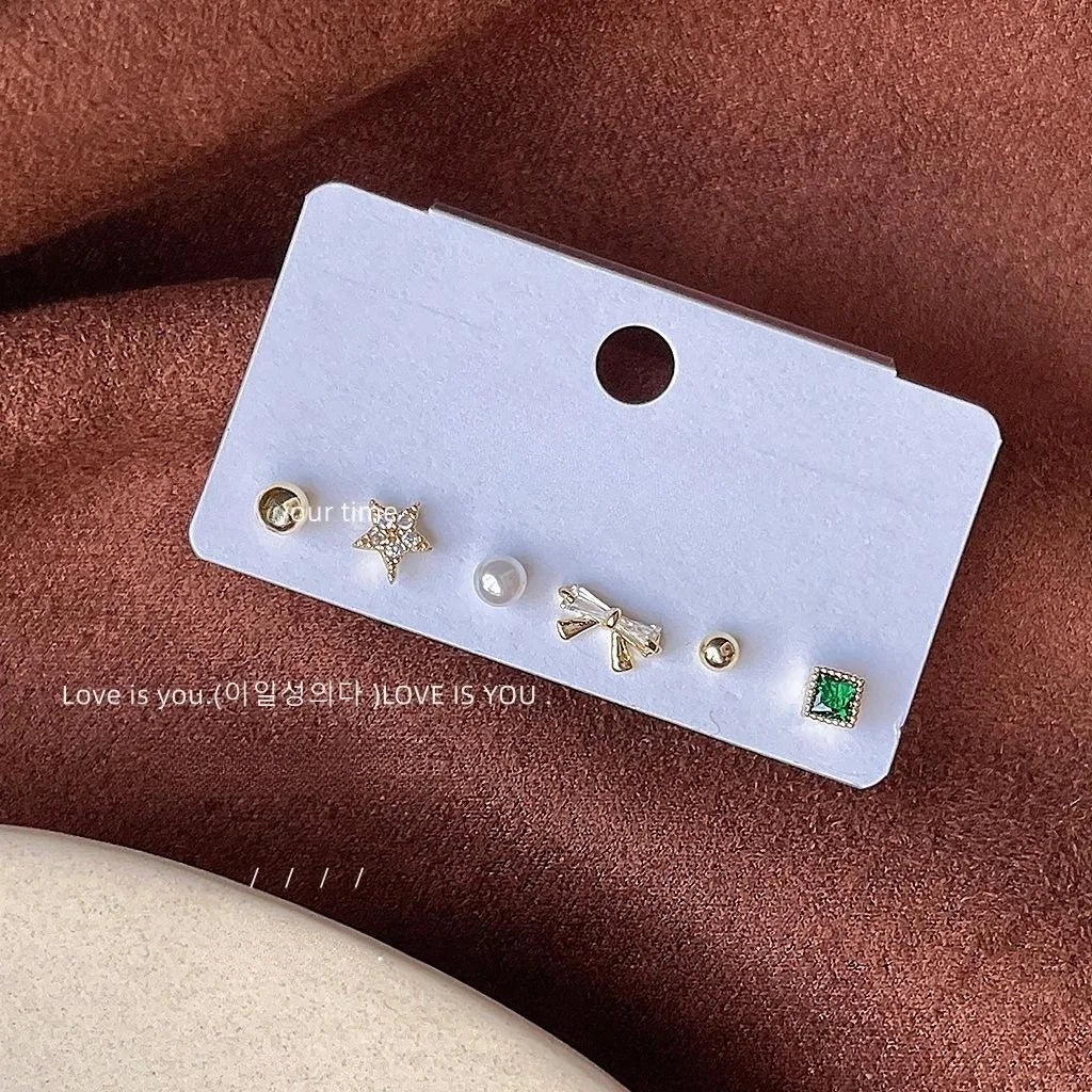 6 Piece 14K Gold Plated Copper Micro Pave Zircon Geometric Round Stud Earrings