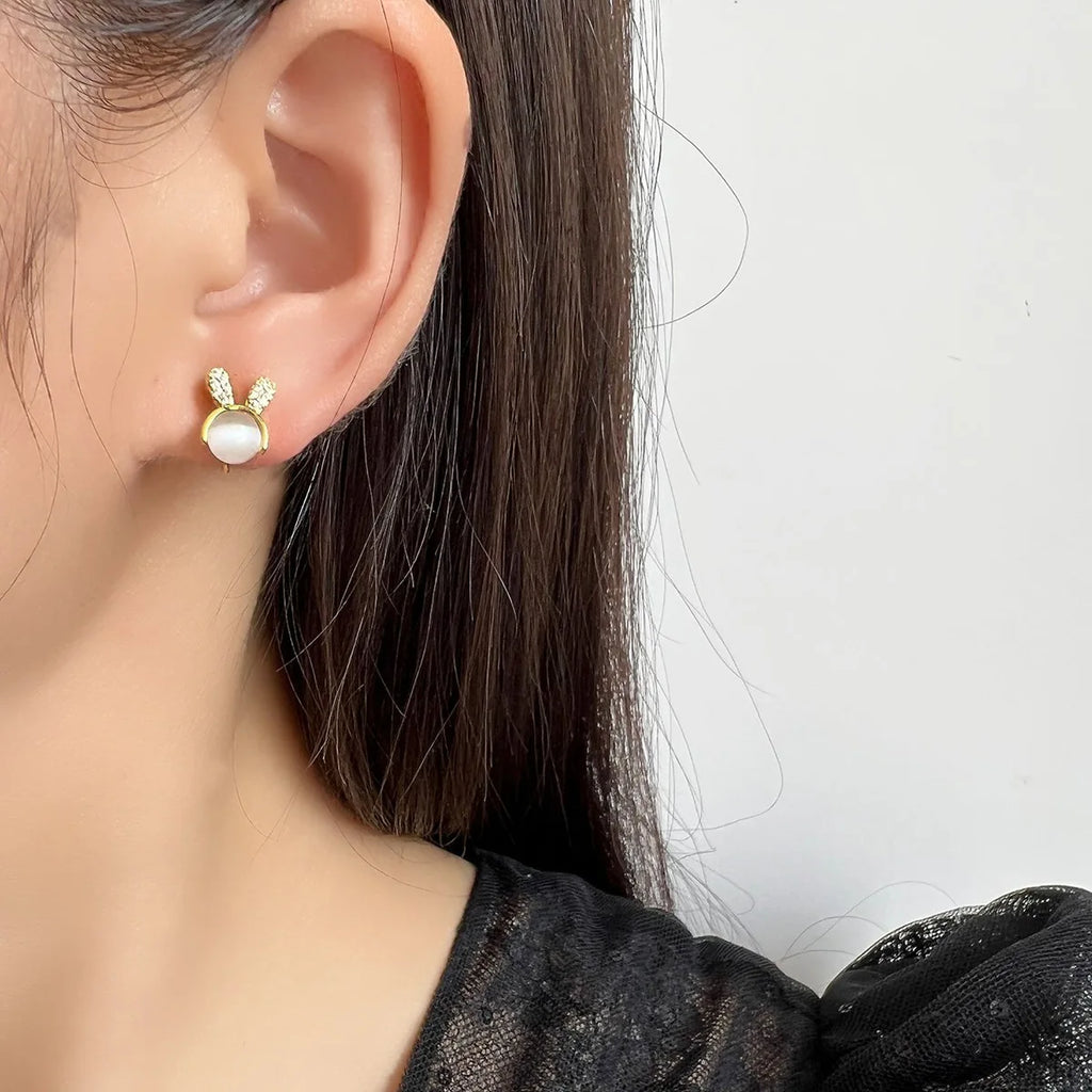 Cute Rabbit Bunny Cat Eye Stone Rhinestone Alloy Elegant Stud & Clip On No Piercing Earrings
