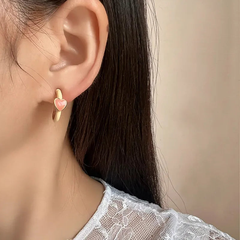 Elegant Pink Enamel Heart Spiral Hoop Alloy Stud & Clip On No Piercing Minimalist Circle Earrings