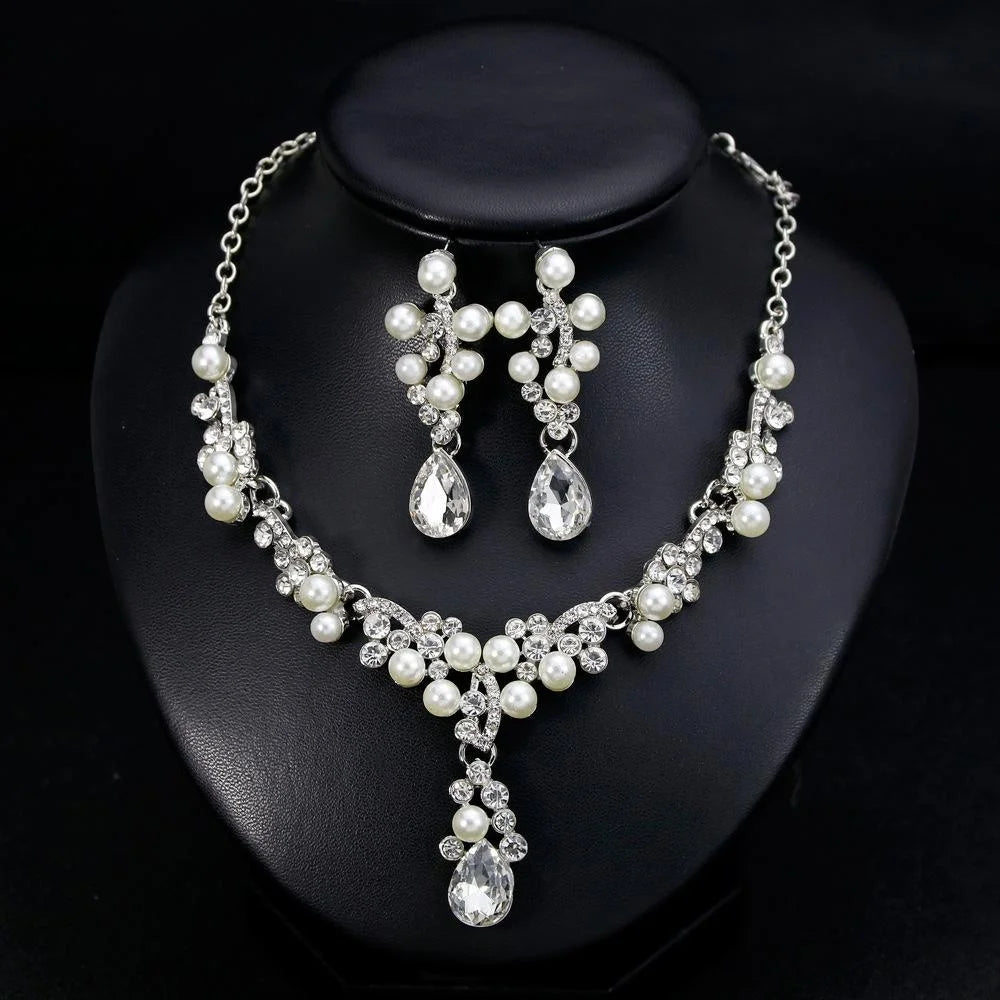 Elegant Bridal Pearl Rhinestone Crystal Drop Earrings And Necklace Jewelry Set For Wedding Party Banquet Gift